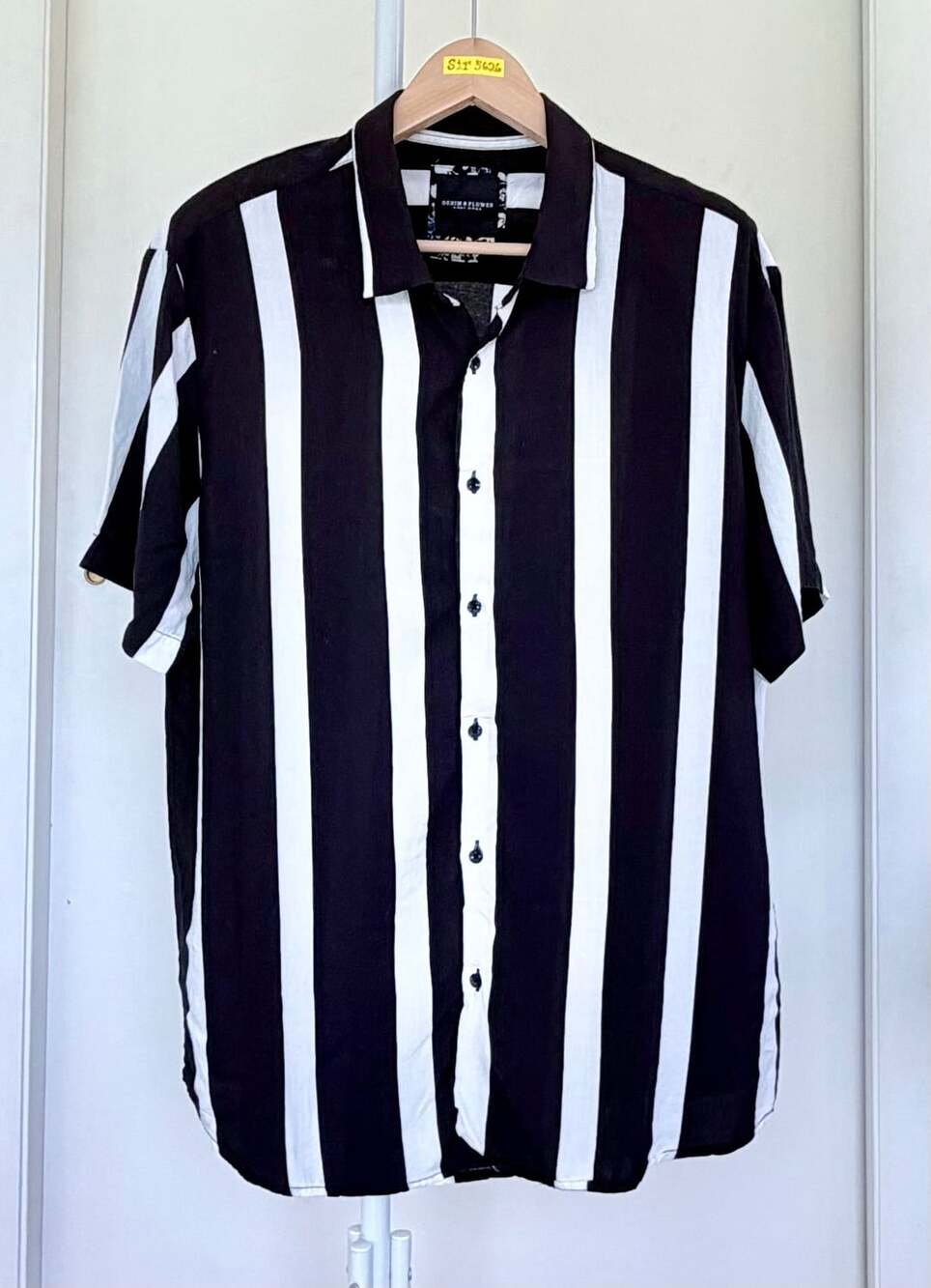 Denim & Flower Women’s Button Down Shirt Black White Striped Short Sleeve XL